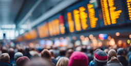 Airline passengers waiting in crowded airport terminal