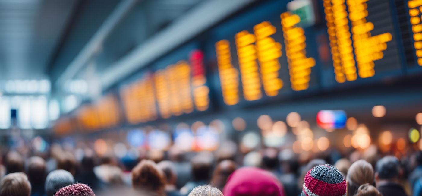 Image: Airline passengers waiting in crowded airport terminal (Photo Credit: Adobe Stock)