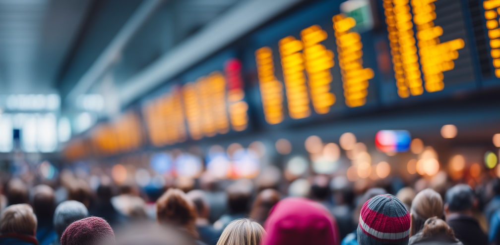 Airline passengers waiting in crowded airport terminal