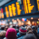 Airline passengers waiting in crowded airport terminal