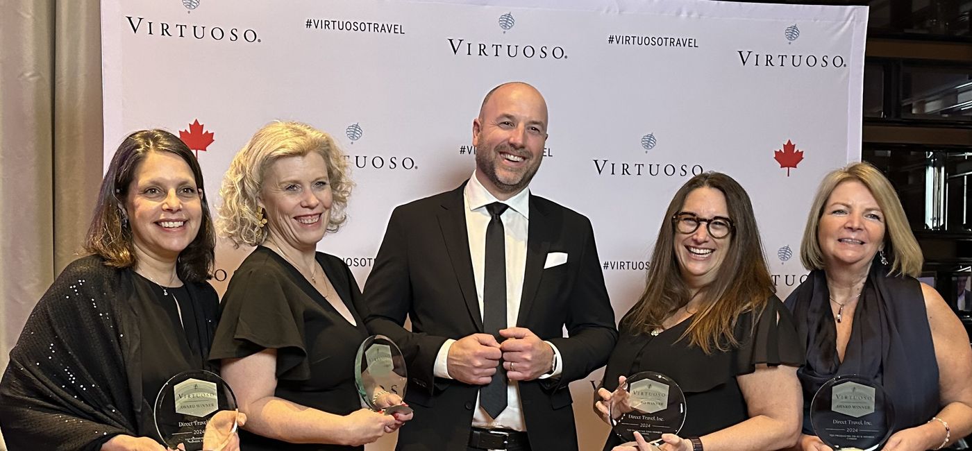 Image: Celebrating at the Virtuoso Canada forum were members of Direct Travel’s Canadian management team including: Lara Lazare, Vice-President ITA and VIP Services/Les services Direct Travel; Meredith Burbidge Director, Leisure Client Engagement; Stephen Smith, SVP, Leisure Strategy & Marketing; Joelle Goldman, Vice President of Host Services & Luxury Hotel Programs; and Carol McLelan, Sr. Director, Leisure Strategy & Leads. (Photo Credit: Virtuoso)