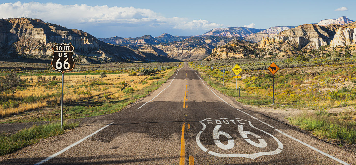 Image: Scenic view of Route 66 in the American Southwest. (Photo Credit: Adobe/Shambhala)