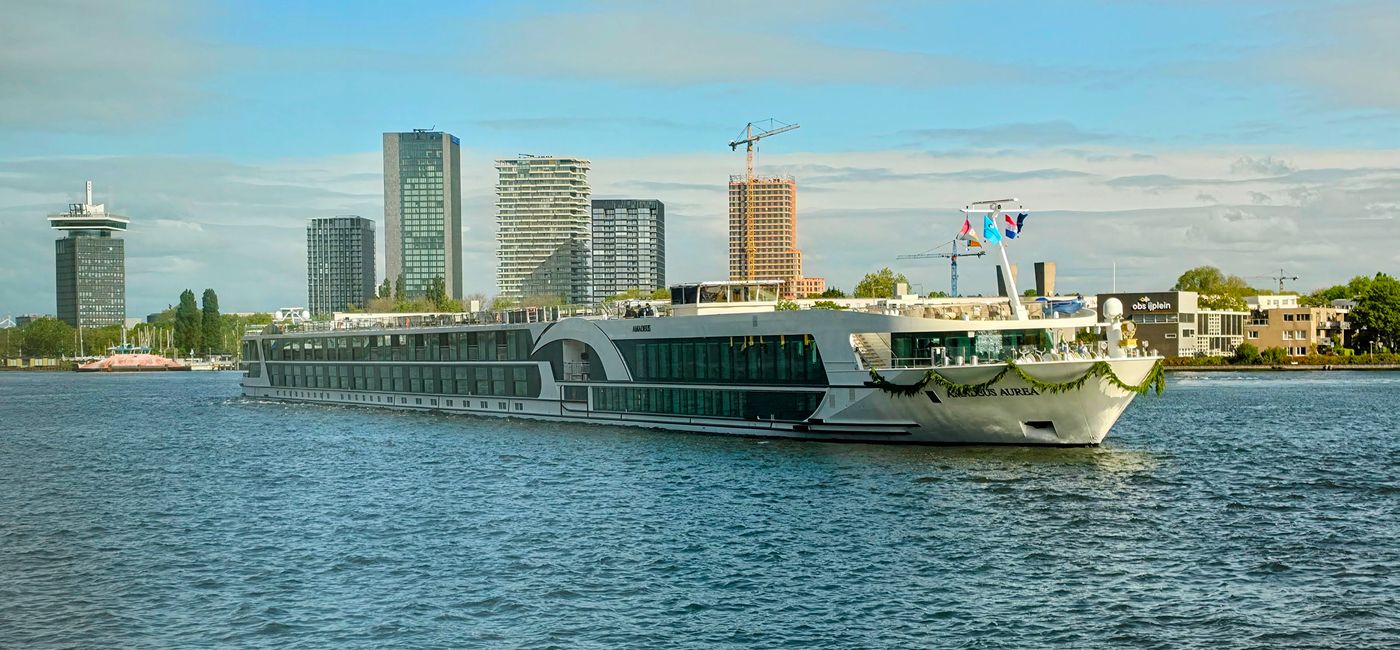 Image: Amadeus Aurea arrives in Amsterdam on May 11, 2026, ahead of her official christening. (Photo Credit: Northstar Travel Group/Laurie Baratti)