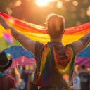 Person holding an LGBTQ+ Pride flag.