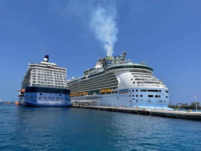 Celebrity Reflection (left) and Freedom of the Seas (right) and docked together at Nassau, Bahamas Celebrity Reflection (left) and Freedom of the Seas (right) and docked together at Nassau, Bahamas