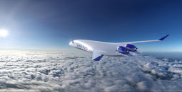 Rendering of a Jet Zero blended wing aircraft with United livery