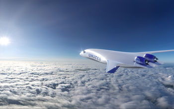 Rendering of a Jet Zero blended wing aircraft with United livery