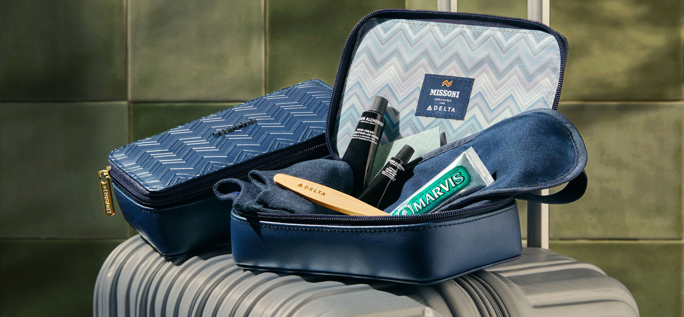 Image: The new Delta x Missoni amenity kit will roll out for Delta One travelers heading to Italy or Paris this summer before its global rollout this fall. (Photo Credit: Delta Air Lines)