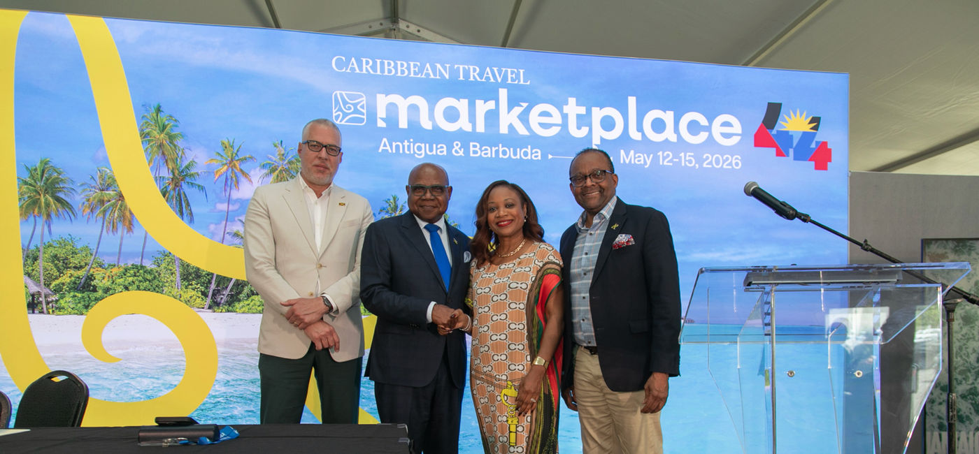Image: (L-R) Philip Rose, Deputy Director of Tourism for the Americas, Edmund Bartlett Minister of Tourism, Mrs. Donna Regis-Prosper, Secretary General of the CTO and Donovan White, Director of Tourism at CHTA Marketplace in Antigua and Barbuda (Photo Credit: Jamaica Tourist Board)