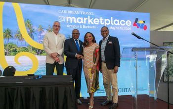 Pictured: Minister of Tourism, Hon Edmund Bartlett (2nd L) pauses for a photo opportunity following Jamaica’s press conference on Thursday May 14, 2026, at CHTA Marketplace in Antigua and Barbuda. Joining in the moment are (L-R) Philip Rose, Deputy Director of Tourism for the Americas, Mrs. Donna Regis-Prosper, Secretary General of the CTO and Donovan White, Director of Tourism.