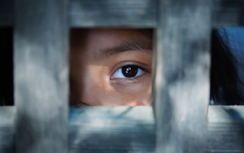 A child staring out from behind wooden slats.