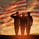 USA army soldiers saluting on a background of sunset or sunrise and USA flag.