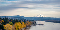 Autumn view of the Columbia River in Oregon, with Mount Hood in the background