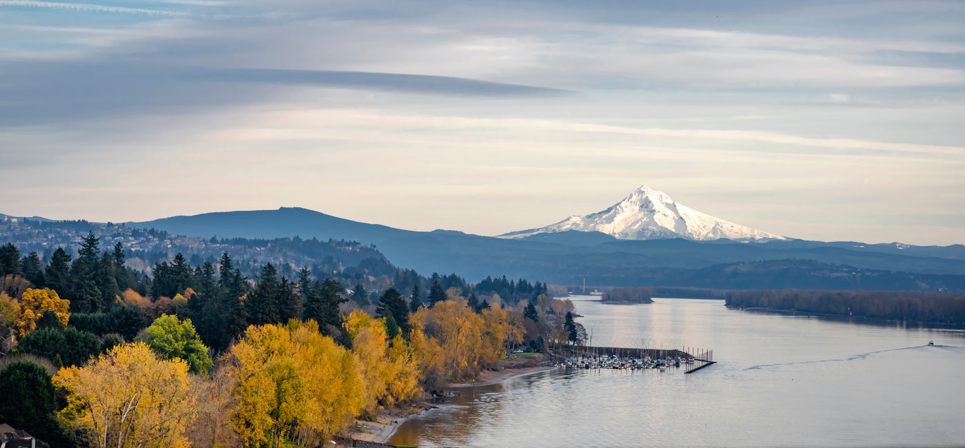 Image: Autumn view of the Columbia River in Oregon, with Mount Hood in the background. (Photo Credit: Adobe/vit)
