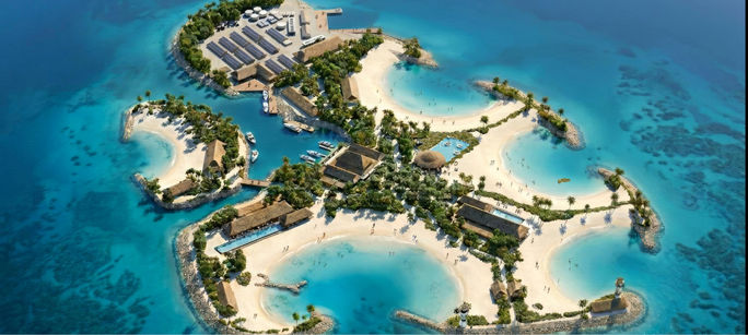Aerial view rendering of Sandy Cay, MSC's new luxury private island oasis. MSC Cruises, explora journeys, sandy cay, private islands, private cruise islands, cruise destinations, private islands 2028