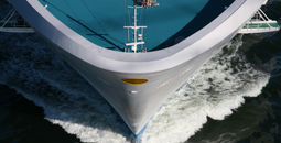 Bow of cruise ship in ocean.