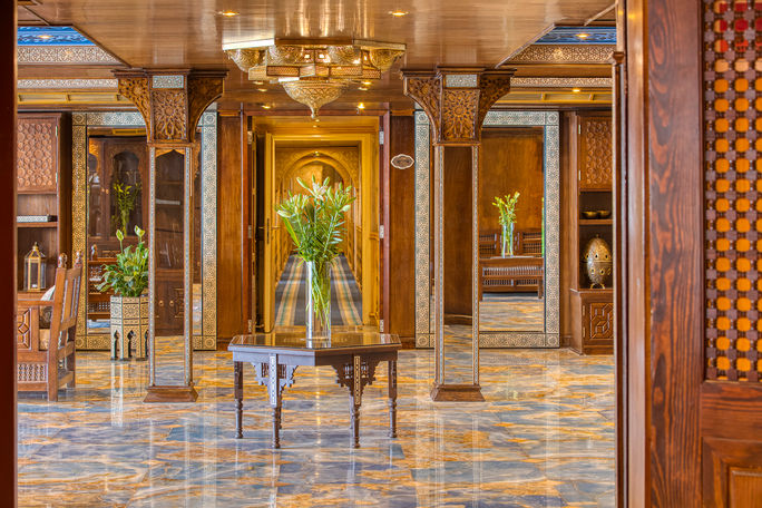 Lobby area of Uniworld Boutique River Cruises' S.S. Sphinx, which sails the Nile River in Egypt. Lobby area of Uniworld Boutique River Cruises' S.S. Sphinx, which sails the Nile River in Egypt.