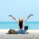 Female working on the beach, laptop, work, travel,