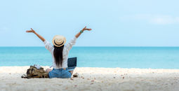 Female working on the beach, laptop, work, travel,