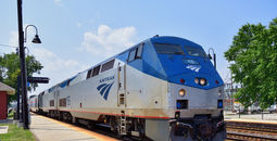 Amtrak train parked at a station.