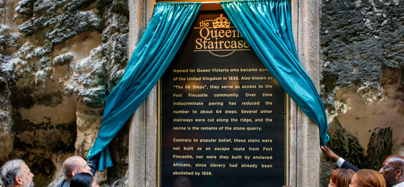 Image: The reveal of the new Queen's Staircase historical plaque in Nassau, The Bahamas. (Photo Credit: Nassau Paradise Island Promotion Board)