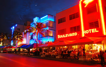 Restaurants line Ocean Drive in Miami Beach, Florida