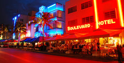 Restaurants line Ocean Drive in Miami Beach, Florida