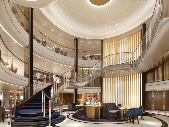 A rendering of the Queen Anne's Grand Lobby. Queen Anne, Cunard Line, Cunard ships