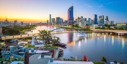 The city skyline of Brisbane, Australia at twilight.
