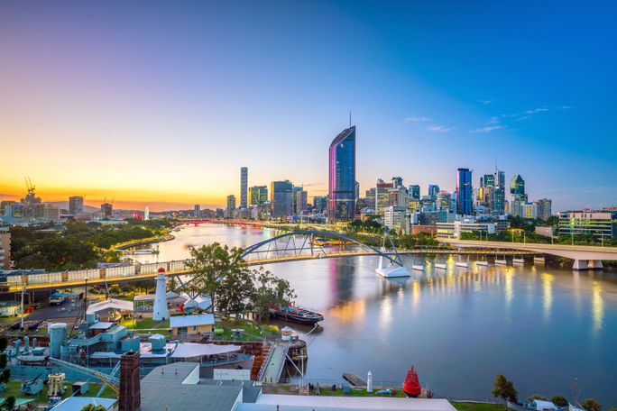 The city skyline of Brisbane, Australia at twilight.