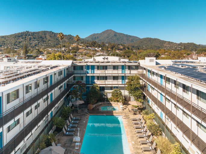 Aerial view of the Marin Suites Hotel in Corte Madera, California. Aerial view of the Marin Suites Hotel in Corte Madera, California.