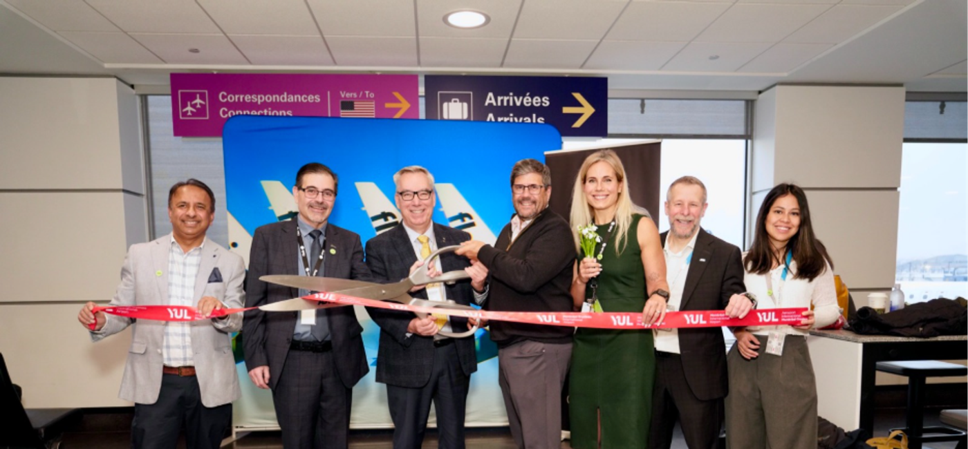 Image: Pictured: Vijay Bathija, Len Corrado, Yves Beauchamp, Jim Young, Kim Bowie, Karl Brochu and Alejandra Ramirez Posso. (Photo Credit: Flair Airlines)