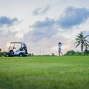 A woman playing golf