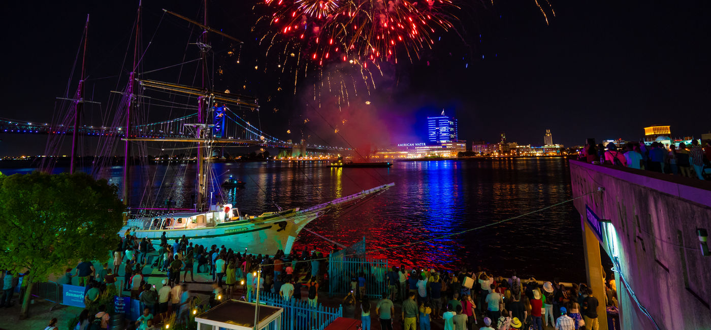 Image: Fireworks exploding in Penn's Landing at Philadelphia's Wawa Welcome America celebration. (Photo Credit: Visit Philadelphia)