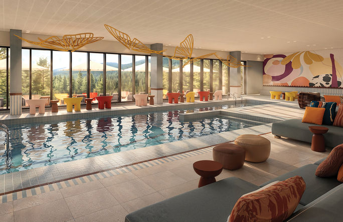 A rendering of the pool inside Club Med Tremblant. Club Med, Club Med Tremblant, ski resorts in Quebec, Quebec ski resort