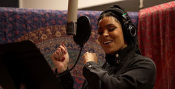 Jordin Sparks recording a song in a studio
