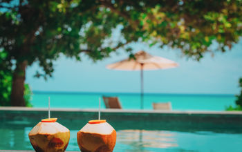 Coconut drinks at a tropical beach resort.