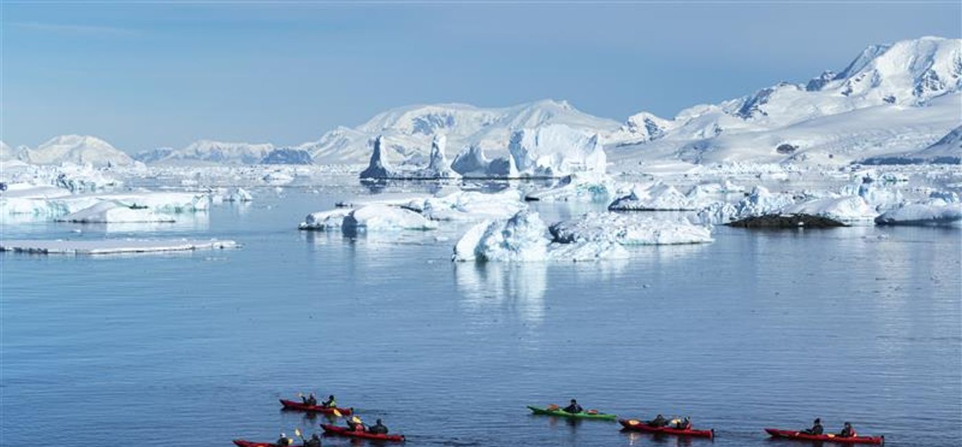 Image: Kayaking in the Antarctic Circle (Photo Credit: HX Expeditions/Yuri Matisse Choufour)