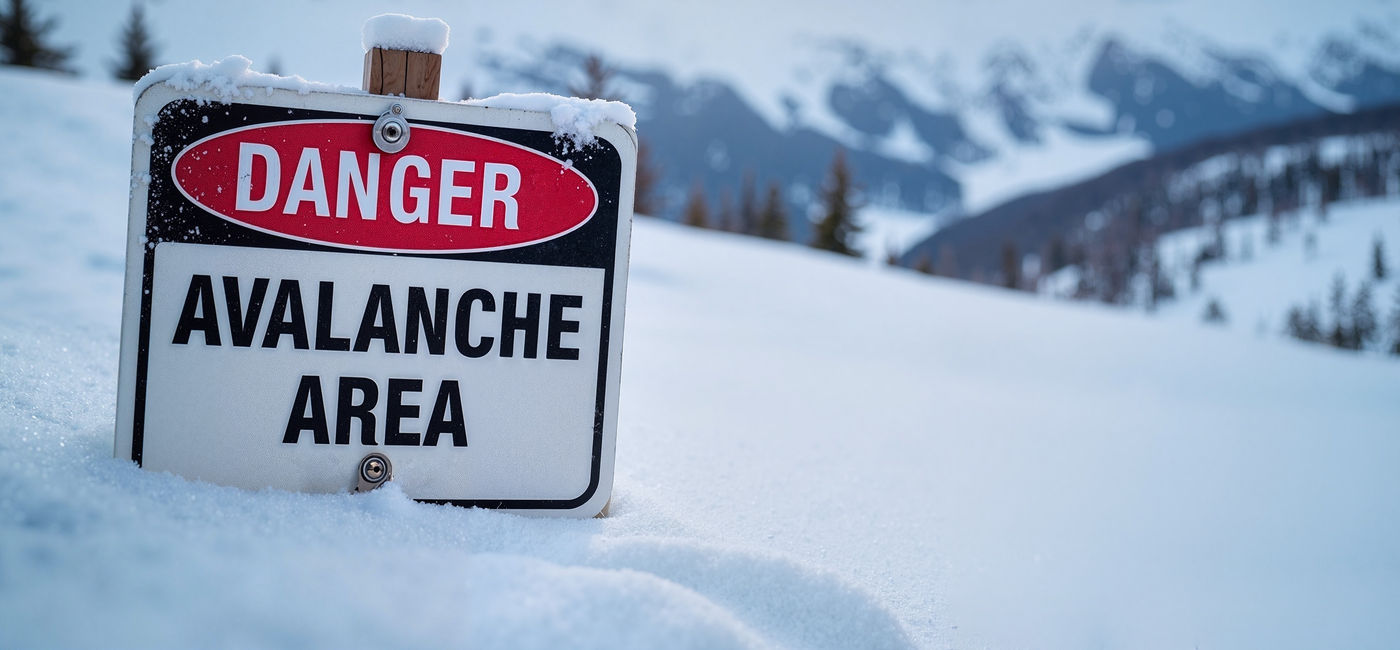 Image: Avalanche danger area sign in a snowy mountain landscape. (Generated with AI) (Photo Credit: Adobe Stock/Irina)