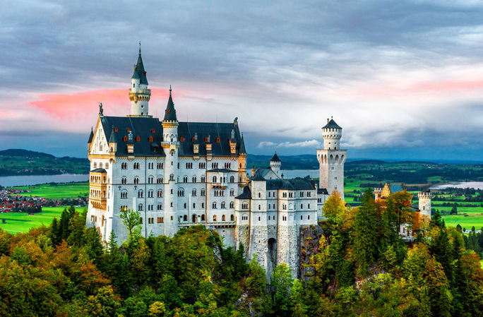 Neuschwanstein castle at sunset.