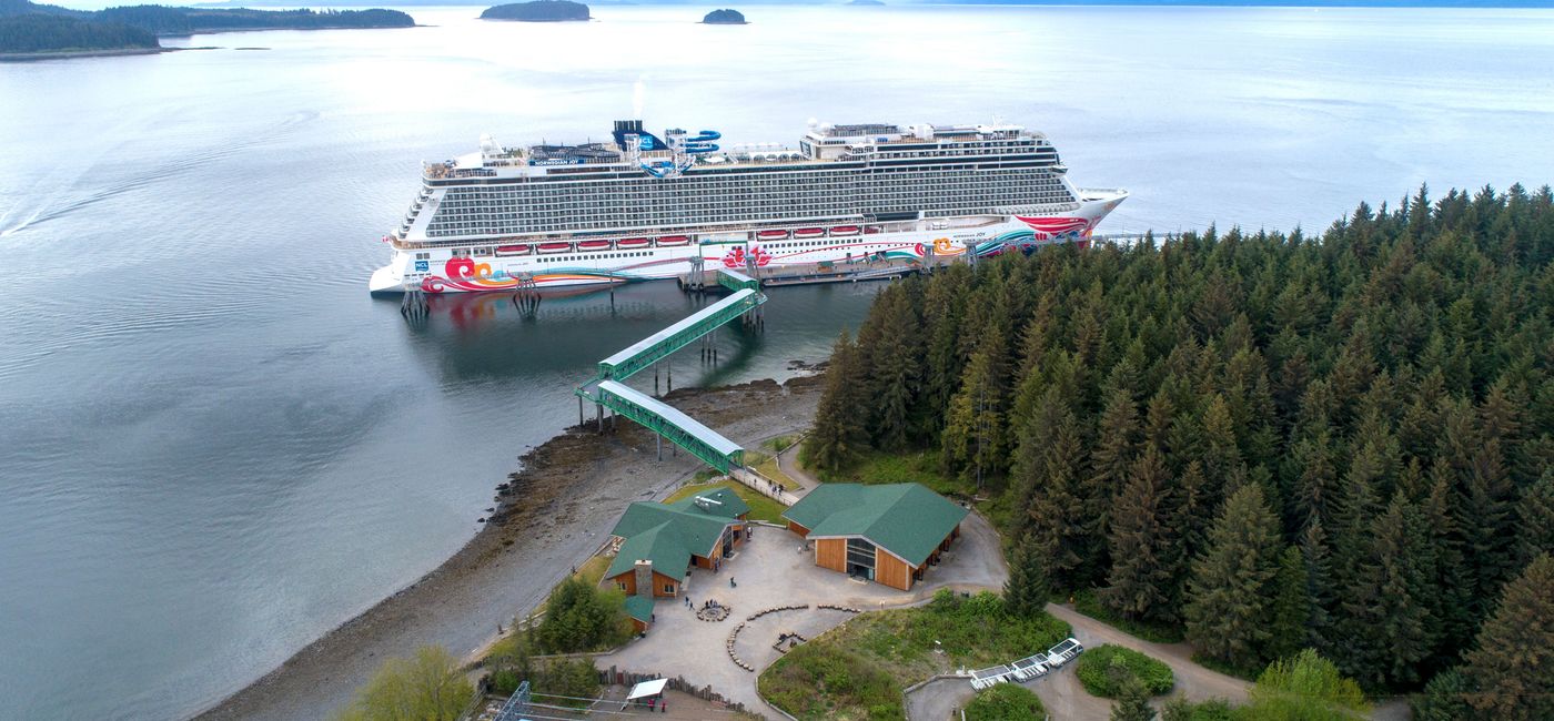 Image: Norwegian Joy at Icy Strait Point. (Photo via Norwegian Cruise Line) (Photo Credit: Norwegian Cruise Line Media)