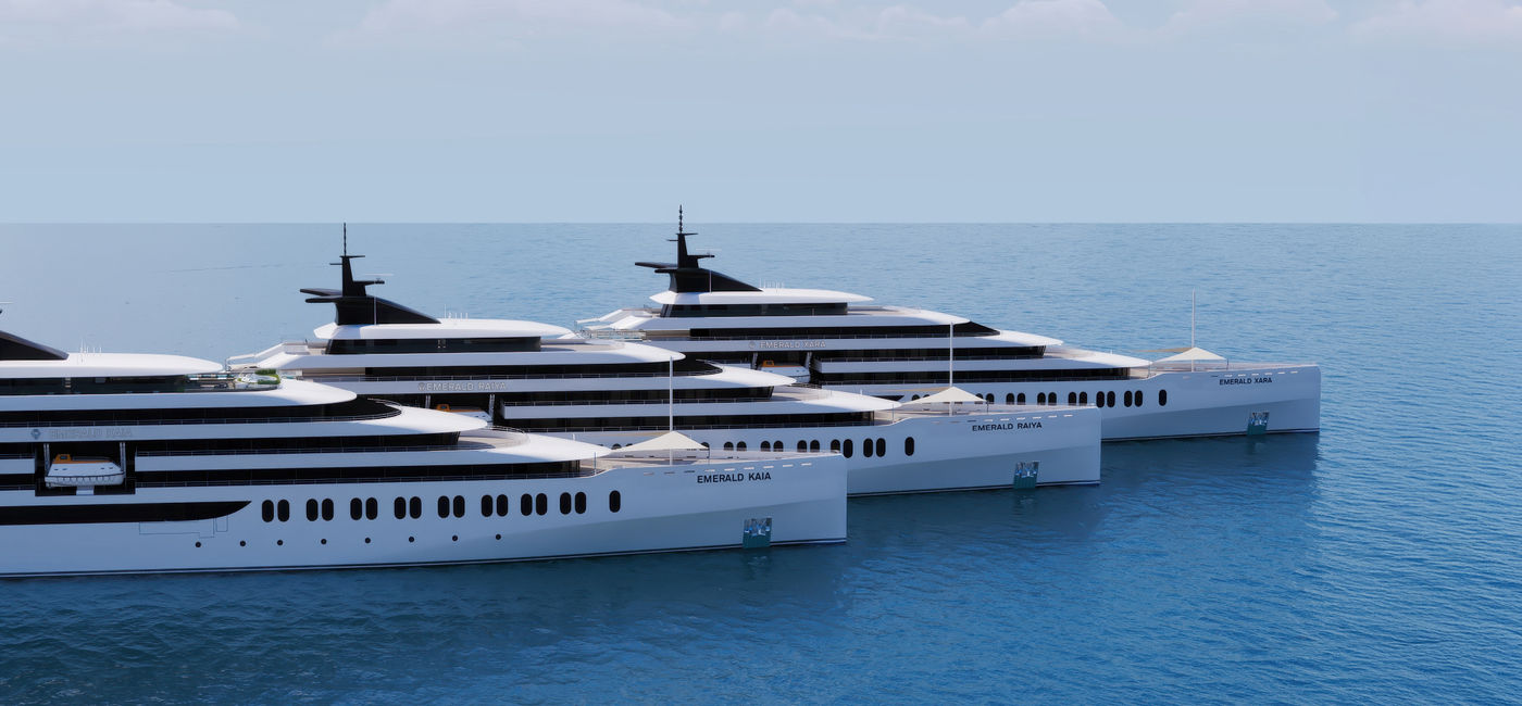 Image: Rendering of three Emerald Superyachts: Kaia, Raiya and Xara, debuting in 2026 and 2027. (Photo Credit: Emerald Cruises)
