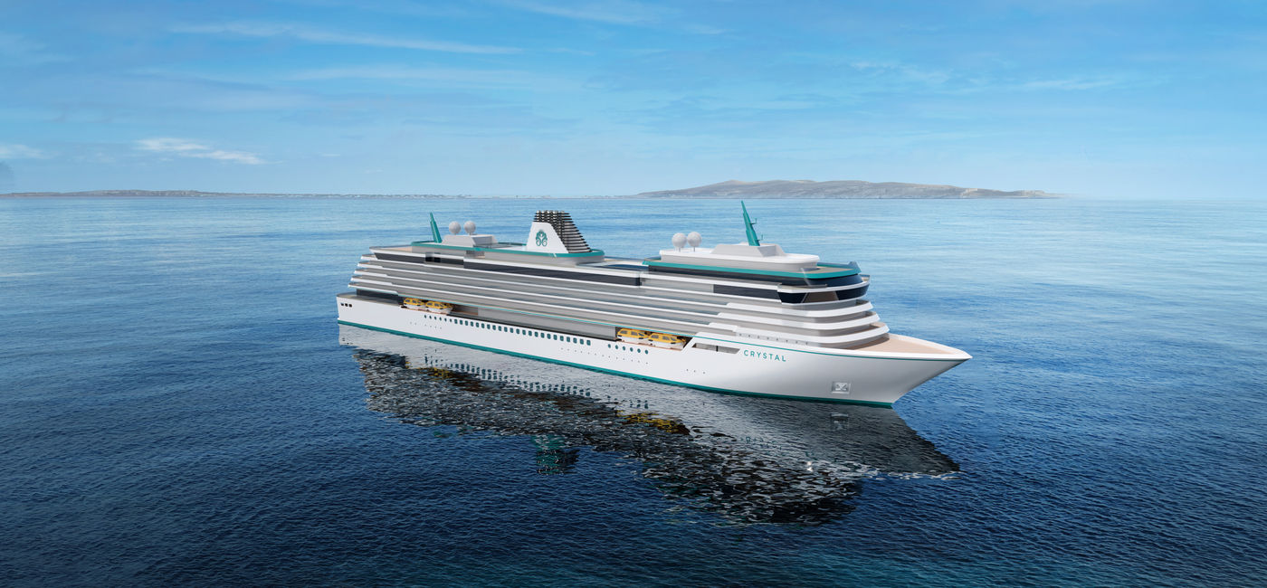 Image: Rendering of the new Crystal cruise ship that will debut in 2028. (Photo Credit: Crystal)