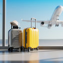Luggage sitting at the airport with a plane taking off in the background.