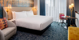 A standard king guest room at the Tempo by Hilton Nashville Downtown, which opened in February.