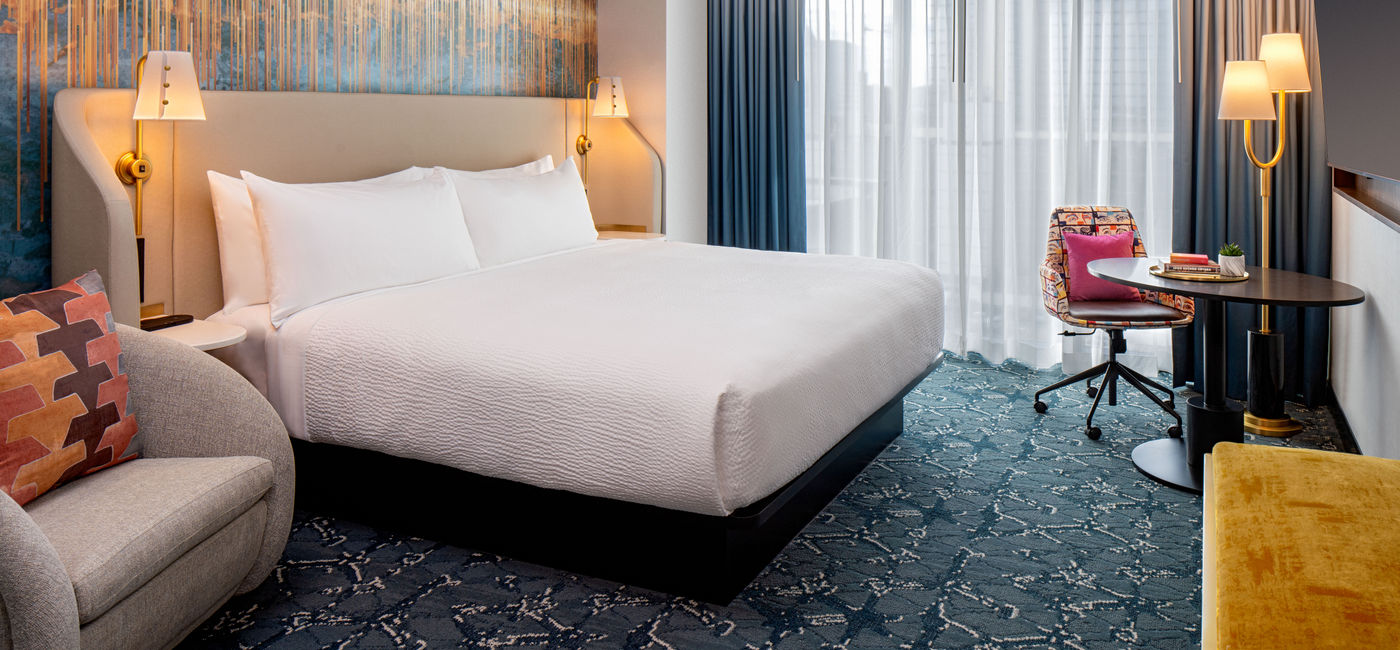Image: A standard king guest room at the Tempo by Hilton Nashville Downtown, which opened in February. (Photo Credit: Hilton)
