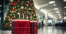 Christmas at the airport, luggage, suitcase, christmas tree
