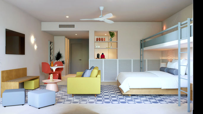 A rendering of a Junior Family room at Fiesta Americana Funeeq Punta Cana. A rendering of a Junior Family room at Fiesta Americana Funeeq Punta Cana.