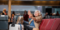 Elderly woman solo travel, female, traveler, airport, lounge