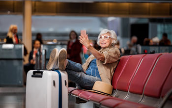 Elderly woman solo travel, female, traveler, airport, lounge